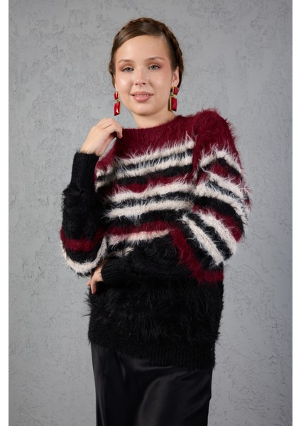 Bordo-Siyah Sakal Iplik Çizgili Bisiklet Yaka Triko Kazak