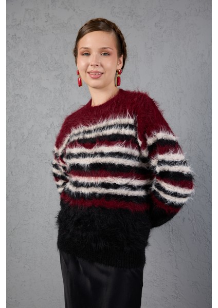 Bordo-Siyah Sakal Iplik Çizgili Bisiklet Yaka Triko Kazak fiyatları