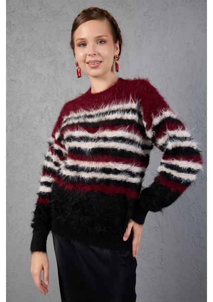 Bordo-Siyah Sakal Iplik Çizgili Bisiklet Yaka Triko Kazak fırsatları