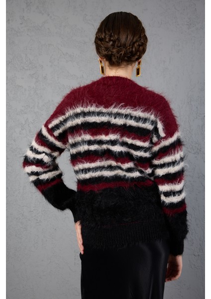 Bordo-Siyah Sakal Iplik Çizgili Bisiklet Yaka Triko Kazak indirimleri