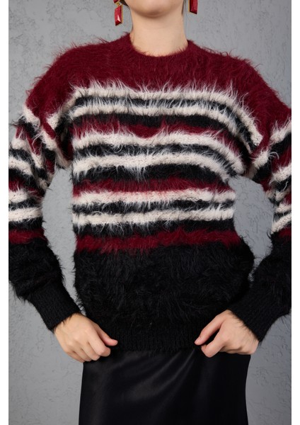 Bordo-Siyah Sakal Iplik Çizgili Bisiklet Yaka Triko Kazak