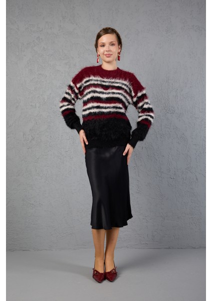 Bordo-Siyah Sakal Iplik Çizgili Bisiklet Yaka Triko Kazak