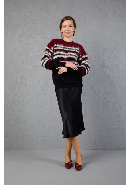 Bordo-Siyah Sakal Iplik Çizgili Bisiklet Yaka Triko Kazak