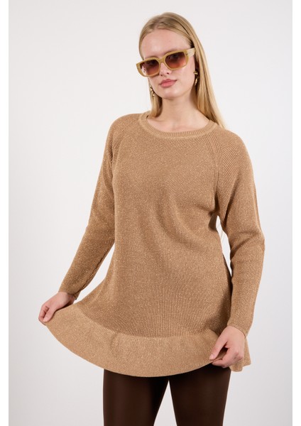 Kadın Bej Reglan Kollu Fırfırlı Etek Ucu Simli Triko Kazak