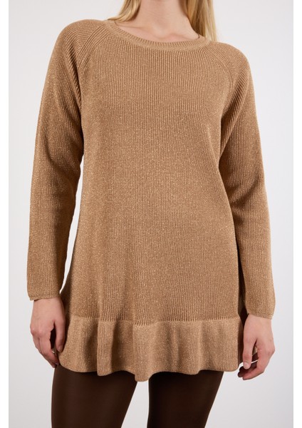 Kadın Bej Reglan Kollu Fırfırlı Etek Ucu Simli Triko Kazak modelleri