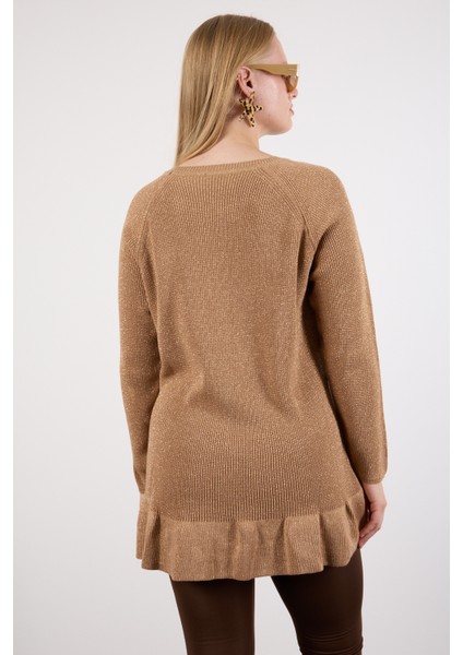 Kadın Bej Reglan Kollu Fırfırlı Etek Ucu Simli Triko Kazak indirimleri