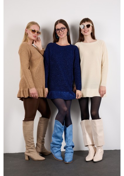 Kadın Bej Reglan Kollu Fırfırlı Etek Ucu Simli Triko Kazak