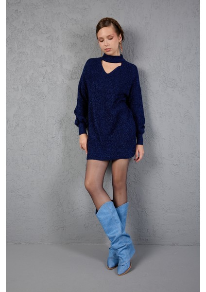 Kadın Koyu Laci Simli Selanik Örgü Reglan Balon Kollu Choker Yaka Triko Kazak