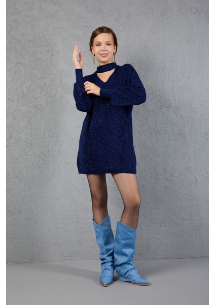 Kadın Koyu Laci Simli Selanik Örgü Reglan Balon Kollu Choker Yaka Triko Kazak fiyatları