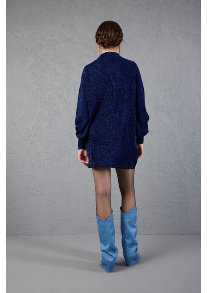 Kadın Koyu Laci Simli Selanik Örgü Reglan Balon Kollu Choker Yaka Triko Kazak modelleri