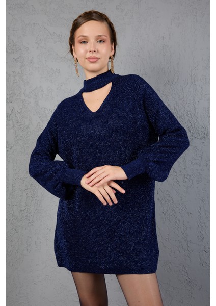 Kadın Koyu Laci Simli Selanik Örgü Reglan Balon Kollu Choker Yaka Triko Kazak fırsatları