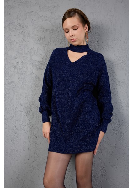 Kadın Koyu Laci Simli Selanik Örgü Reglan Balon Kollu Choker Yaka Triko Kazak indirimleri