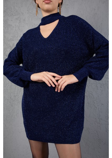 Kadın Koyu Laci Simli Selanik Örgü Reglan Balon Kollu Choker Yaka Triko Kazak