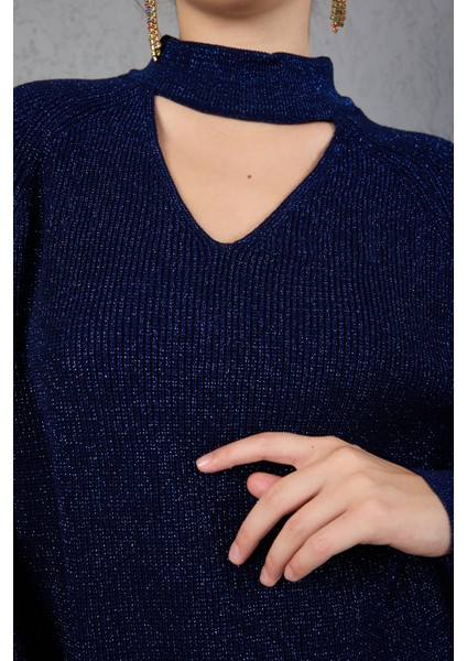 Kadın Koyu Laci Simli Selanik Örgü Reglan Balon Kollu Choker Yaka Triko Kazak