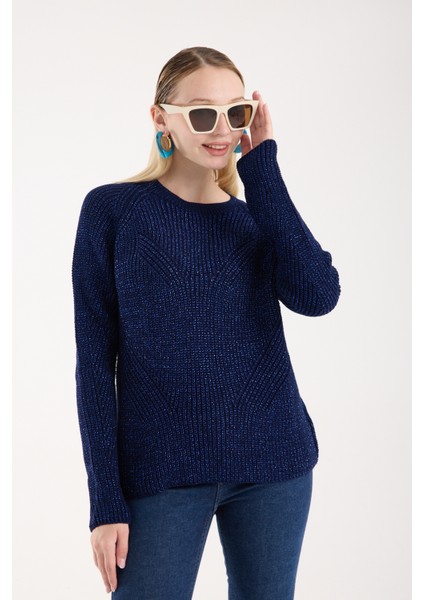 Kadın Koyu Laci Selanik Örgü Reglan Kollu Bisiklet Yaka Simli Triko Kazak