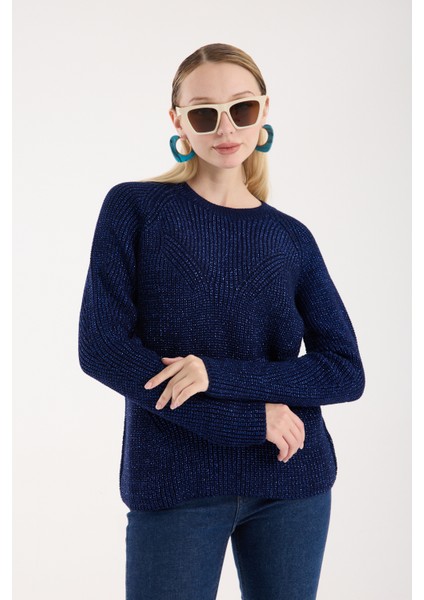 Kadın Koyu Laci Selanik Örgü Reglan Kollu Bisiklet Yaka Simli Triko Kazak fiyatları