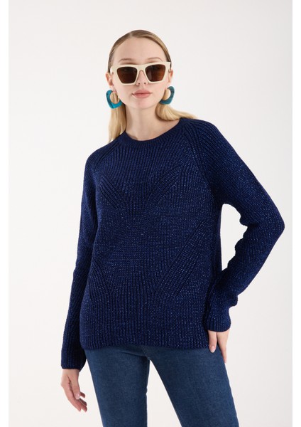 Kadın Koyu Laci Selanik Örgü Reglan Kollu Bisiklet Yaka Simli Triko Kazak modelleri