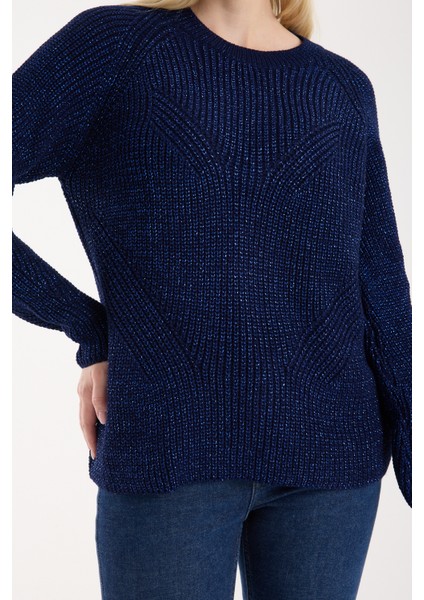 Kadın Koyu Laci Selanik Örgü Reglan Kollu Bisiklet Yaka Simli Triko Kazak fırsatları