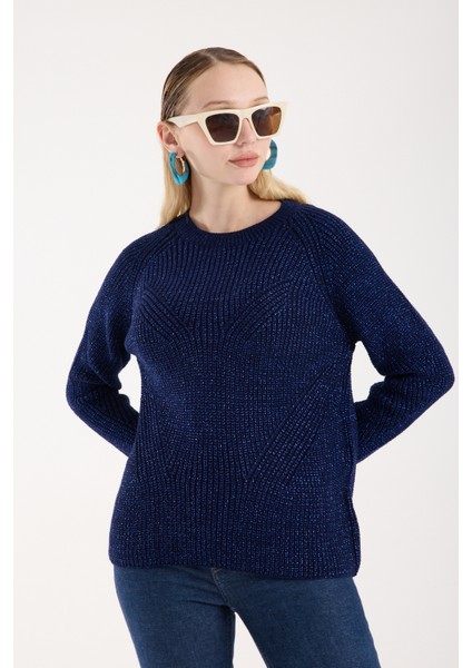 Kadın Koyu Laci Selanik Örgü Reglan Kollu Bisiklet Yaka Simli Triko Kazak indirimleri