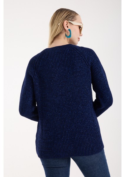 Kadın Koyu Laci Selanik Örgü Reglan Kollu Bisiklet Yaka Simli Triko Kazak