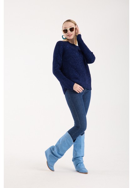 Kadın Koyu Laci Selanik Örgü Reglan Kollu Bisiklet Yaka Simli Triko Kazak