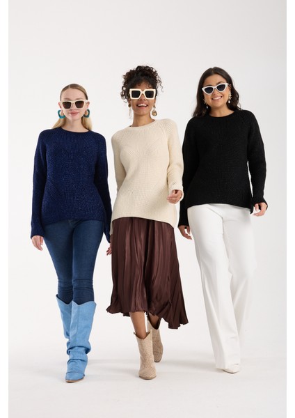 Kadın Koyu Laci Selanik Örgü Reglan Kollu Bisiklet Yaka Simli Triko Kazak