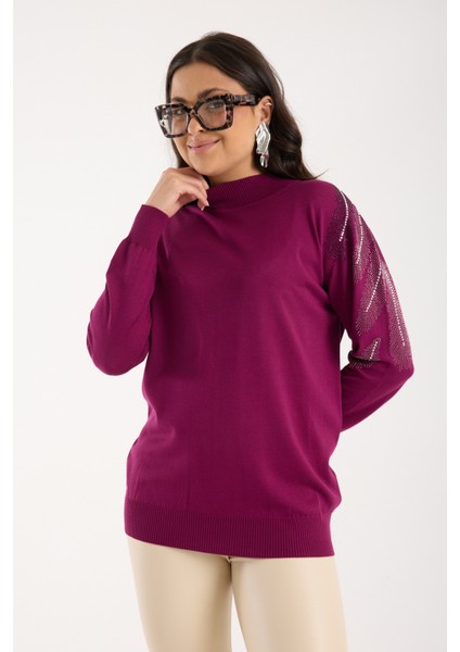 Kadın Mürdüm Elit Viskon Kumaş Taş Detaylı Omuzlar Yarım Balıkçı Yaka Triko Bluz fiyatları