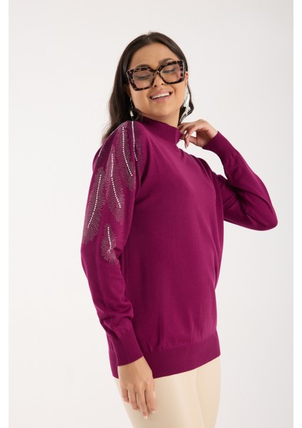 Kadın Mürdüm Elit Viskon Kumaş Taş Detaylı Omuzlar Yarım Balıkçı Yaka Triko Bluz fırsatları