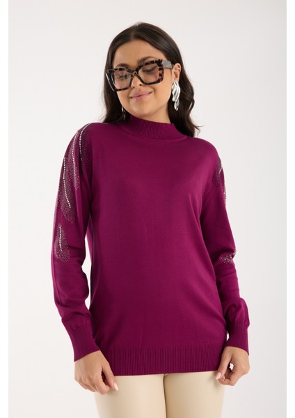 Kadın Mürdüm Elit Viskon Kumaş Taş Detaylı Omuzlar Yarım Balıkçı Yaka Triko Bluz indirimleri