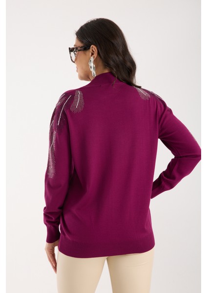 Kadın Mürdüm Elit Viskon Kumaş Taş Detaylı Omuzlar Yarım Balıkçı Yaka Triko Bluz