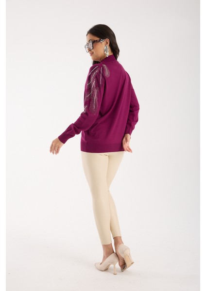 Kadın Mürdüm Elit Viskon Kumaş Taş Detaylı Omuzlar Yarım Balıkçı Yaka Triko Bluz