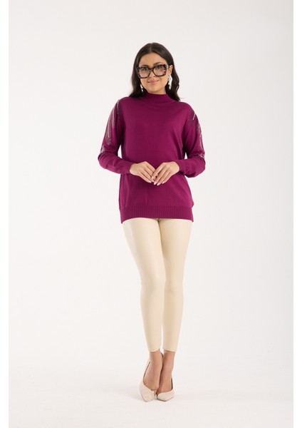 Kadın Mürdüm Elit Viskon Kumaş Taş Detaylı Omuzlar Yarım Balıkçı Yaka Triko Bluz