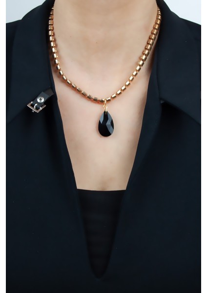 Siyah Kristal Uçlu Bronz Renk Kolye fiyatları