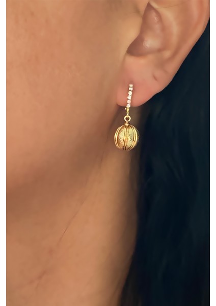 Zirkon Taşlı Gold Küre Sallantılı Küpe