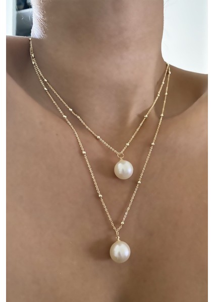Iki Sıralı Inci Uçlu Gold Kolye