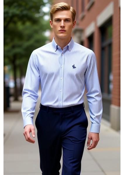 Erkek Regular Fit Uzun Kollu Gömlek Çizgili Desen ve Nakış Detayıyla Konforlu Bir Şıklık Şık indirimleri