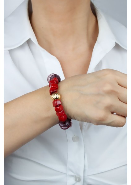 Mor Halka ve Kırmızı Küp Murano Cam Gold Detaylı Bileklik fiyatları