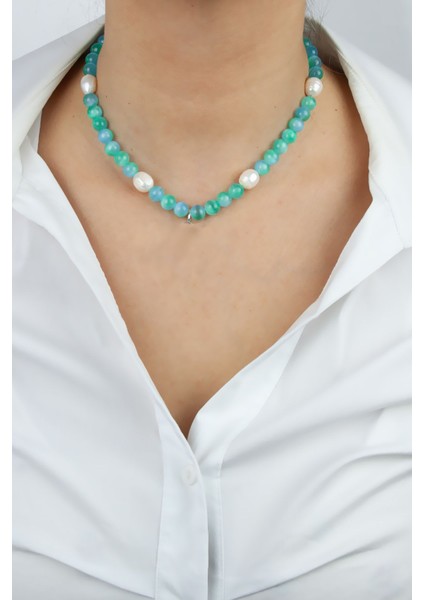 Aqua Marin Doğaltaş ve Gerçek Inci Kolye