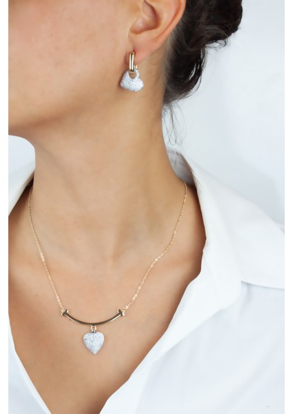 Zirkon Taşlı Kalp Figürlü Gold Kolye Küpe Set