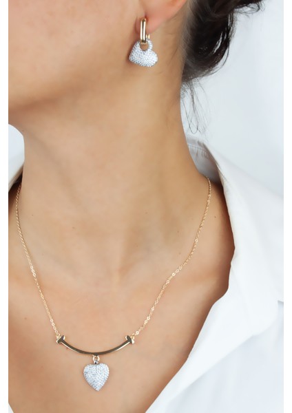 Zirkon Taşlı Kalp Figürlü Gold Kolye Küpe Set fiyatları
