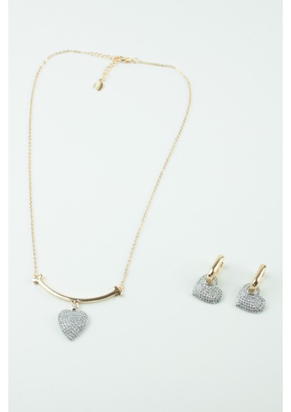 Zirkon Taşlı Kalp Figürlü Gold Kolye Küpe Set modelleri