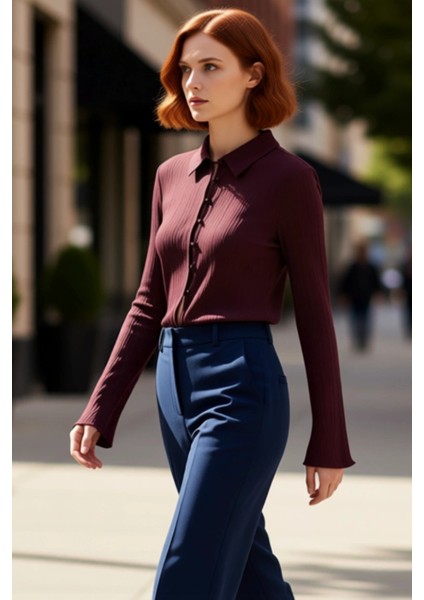 Kadın Dokulu V Yaka Uzun Kollu Gömlek Fonksiyonel Dayanıklı Kaliteli Konforlu Estetik Spor