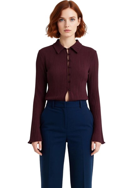 Kadın Dokulu V Yaka Uzun Kollu Gömlek Fonksiyonel Dayanıklı Kaliteli Konforlu Estetik Spor fırsatları