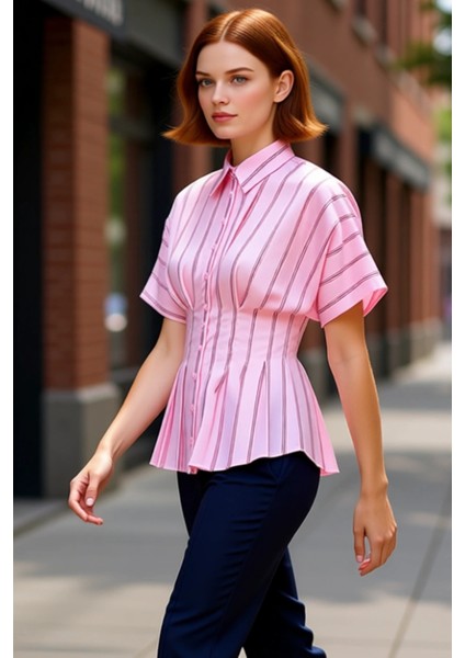 Kadın Için Çizgili Bele Oturan Kısa Kollu Dokuma Gömlek Şık Görünümünüzü Tamamlar Kaliteli