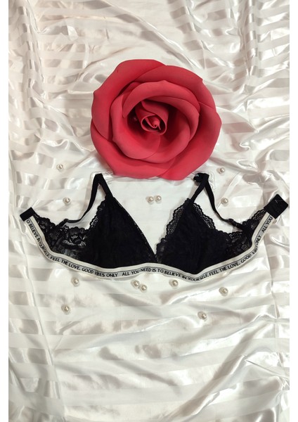 Dantel Yazı Detaylı Siyah Renk Sütyen