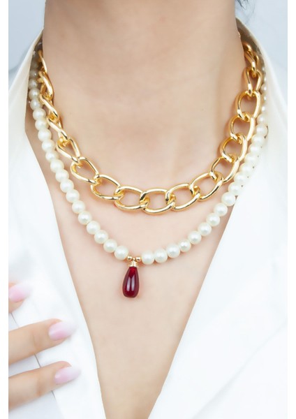 Çift Sıralı Kırmızı Uçlu Kolye modelleri