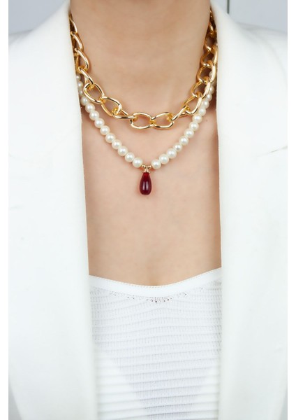 Çift Sıralı Kırmızı Uçlu Kolye fırsatları