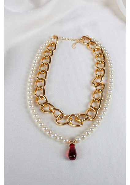 Çift Sıralı Kırmızı Uçlu Kolye indirimleri