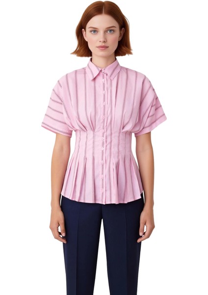 Kadın Için Çizgili Bele Oturan Kısa Kollu Dokuma Gömlek Şık Görünümünüzü Tamamlar Kaliteli fırsatları