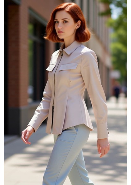 Gabardin Dokuma Fermuar Detaylı Kadın Gömleği Uzun Kollu Regular Kesim Şıklık ve Konfor Şık